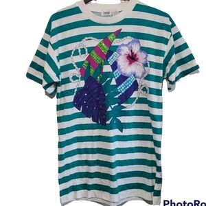 Lucia floral tropical embellished stripe t-shirt women's small